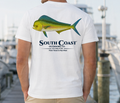 White crewneck T-shirt with mahi mahi fish graphic and South Coast Outdoors Co. logo