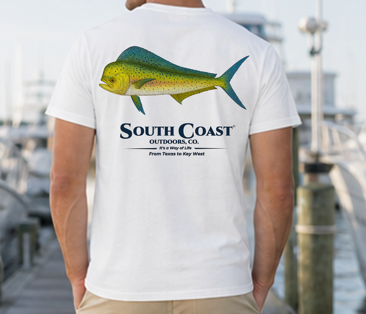 White crewneck T-shirt with mahi mahi fish graphic and South Coast Outdoors Co. logo