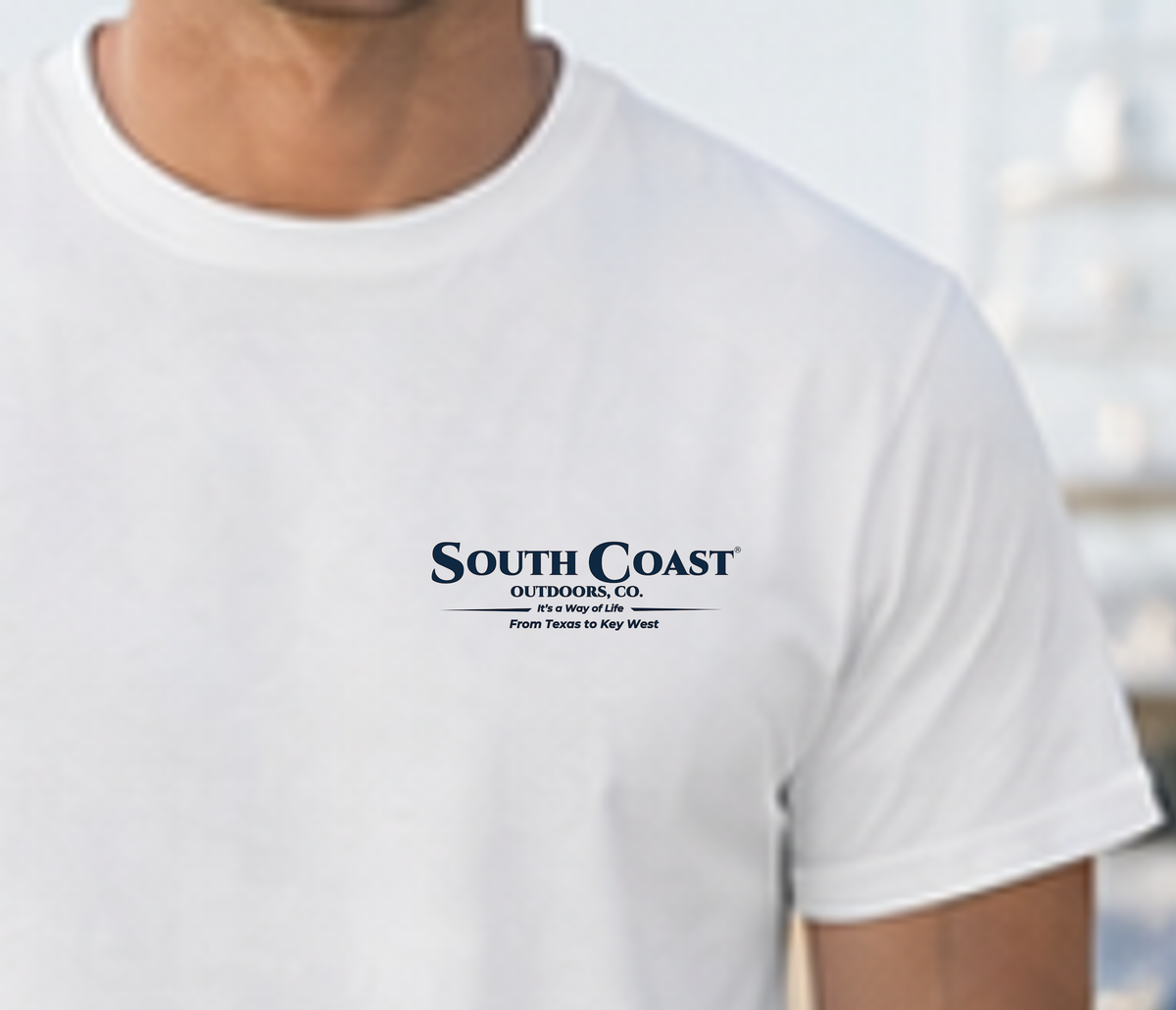 White T-shirt with South Coast Outdoors Co. chest logo and Key West text