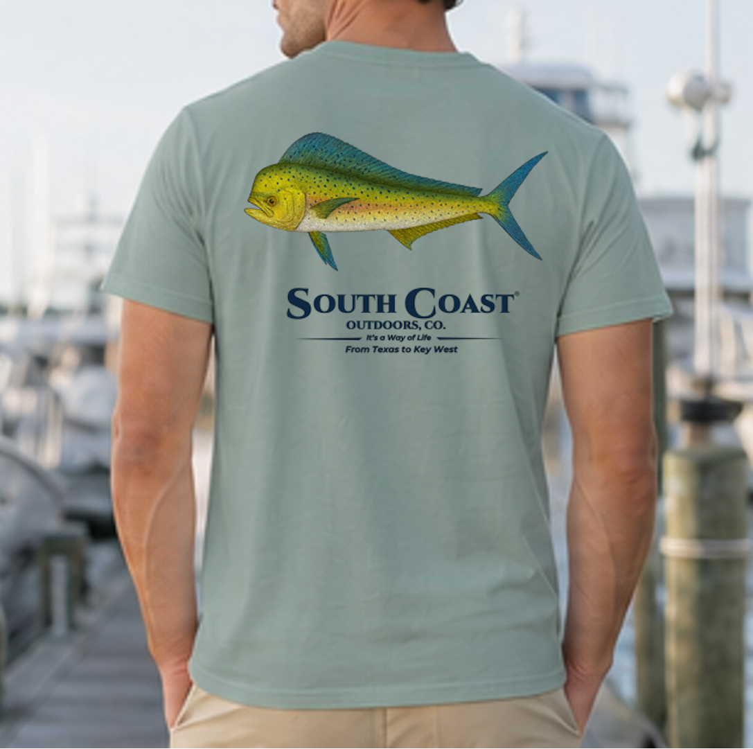 Bay green graphic fishing t-shirt with green mahi-mahi fish and South Coast logo on back