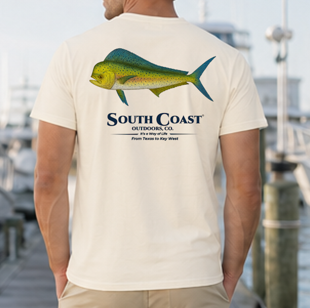 Ivory graphic fishing t-shirt with green mahi-mahi fish and South Coast logo on back