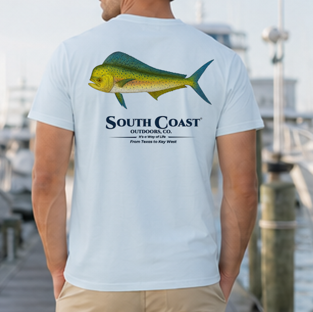 Light sky blue graphic fishing t-shirt with green mahi-mahi fish and South Coast logo on back