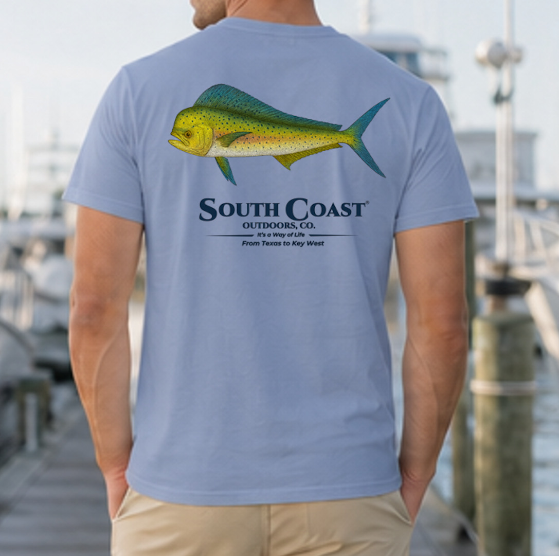 Light blue graphic fishing t-shirt with green mahi-mahi fish and South Coast logo on back