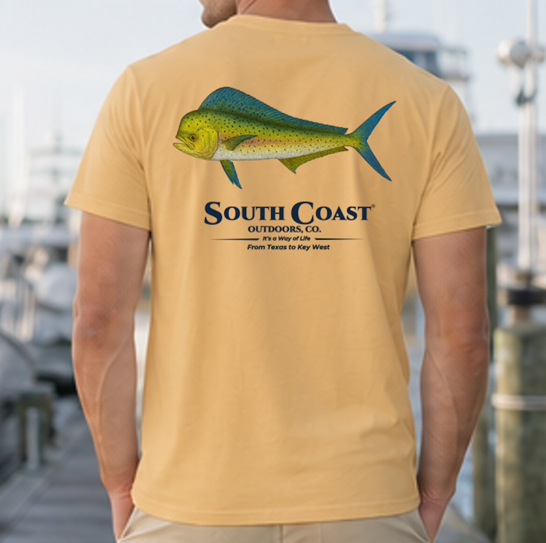 Burnt orange graphic fishing t-shirt with green mahi-mahi fish and logo text on back