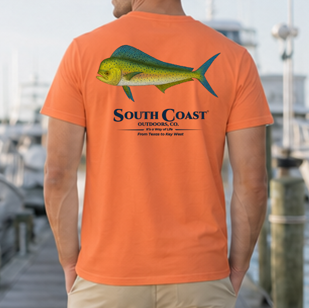 Orange graphic fishing t-shirt with mahi-mahi fish and South Coast logo on back