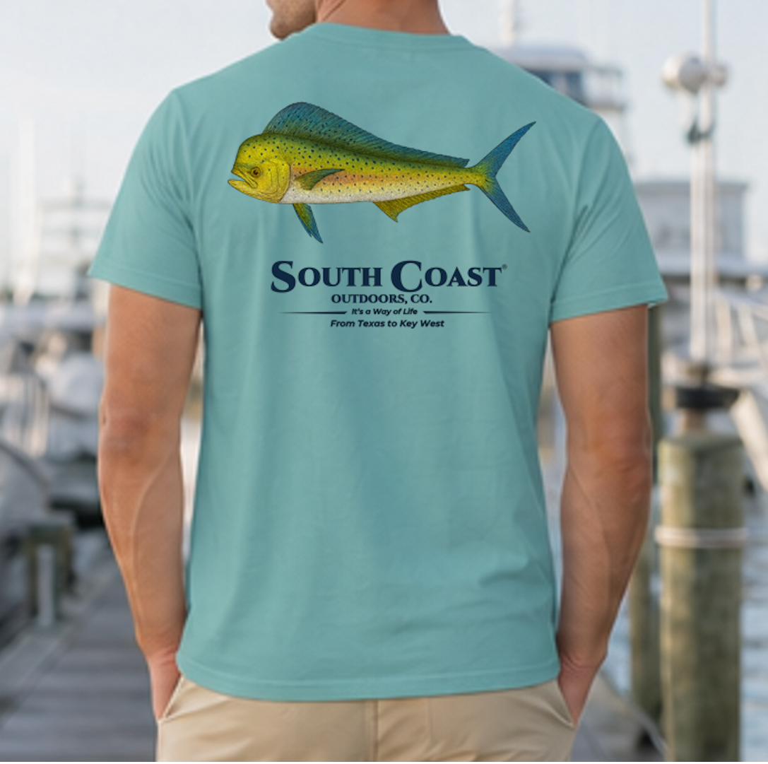 Seafoam graphic fishing t-shirt with green mahi-mahi fish and South Coast logo on back