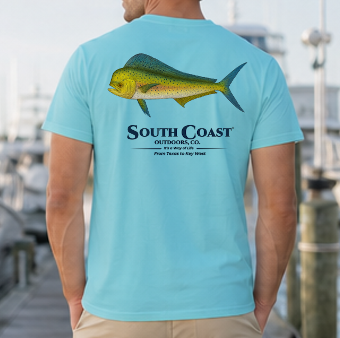 Turquoise graphic fishing t-shirt with green mahi-mahi fish and South Coast logo on back