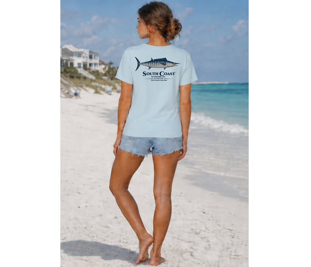 Light blue South Coast T-shirt with back wahoo graphic, crew neck