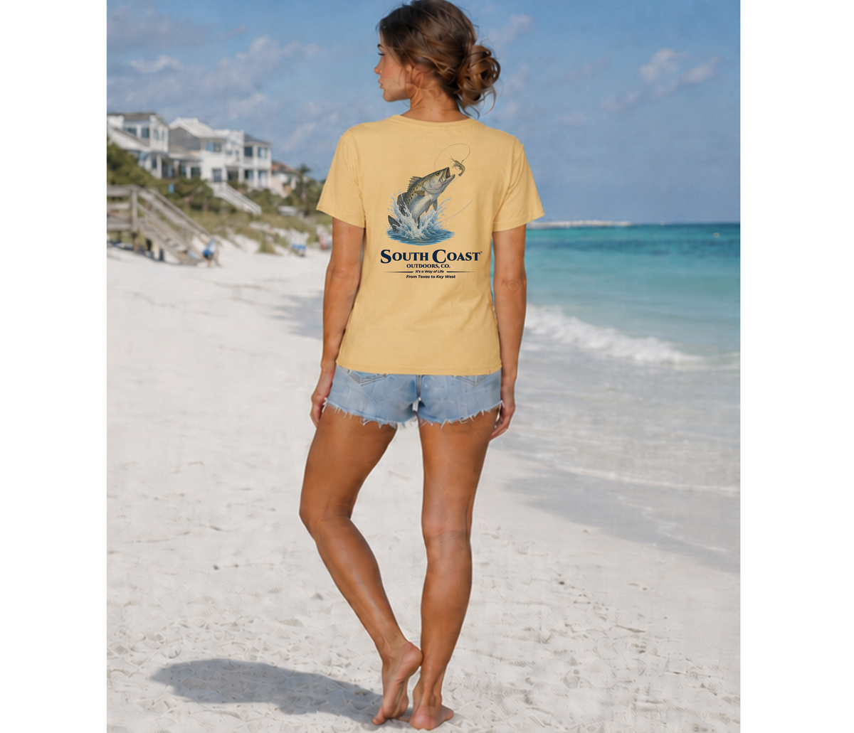 Tan back graphic t-shirt with sea trout splash and South Coast Outdoors Co logo.