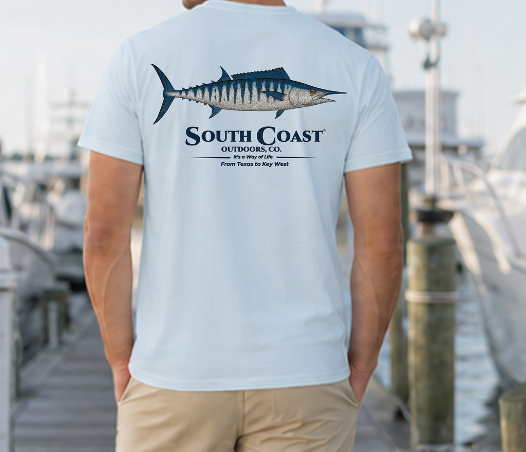 Light blue South Coast T-shirt with large back wahoo graphic and text