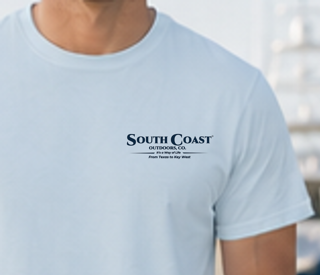 Light blue South Coast T-shirt with small chest logo and motto