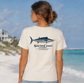 White crew-neck t-shirt with wahoo fish graphic and South Coast Outdoors text on front.