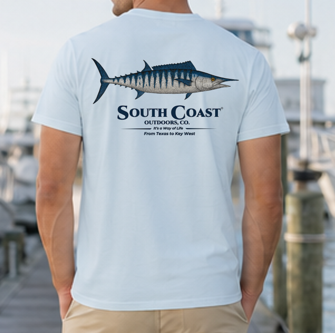 Light blue crew-neck t-shirt with wahoo fish graphic and South Coast Outdoors text on back.