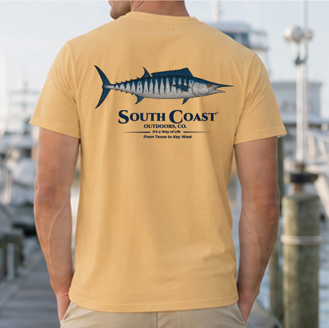 Ivory tan crew-neck t-shirt with wahoo fish graphic and South Coast Outdoors text on back.