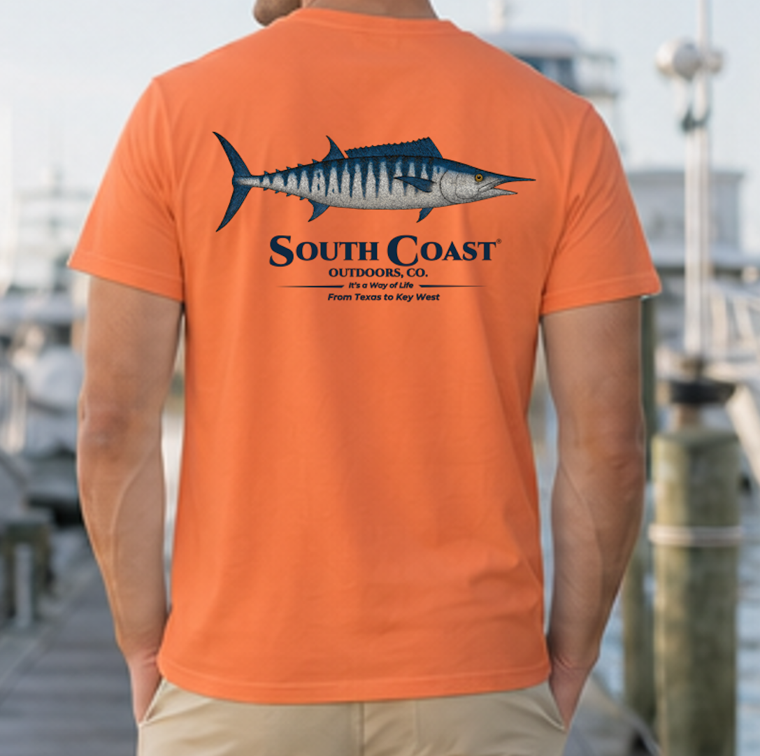 Burnt orange crew-neck t-shirt with wahoo fish graphic and South Coast Outdoors text on back.
