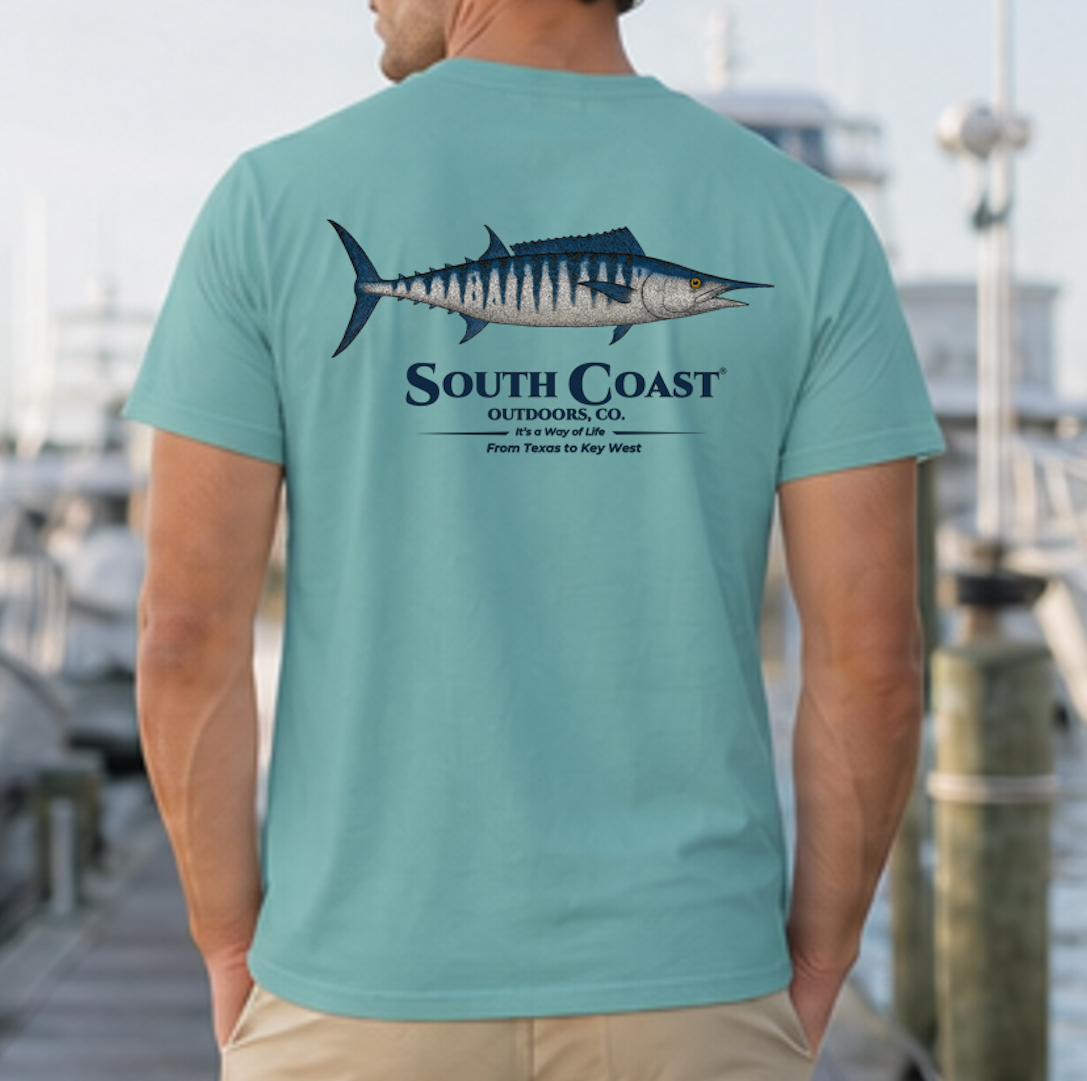 Seafoam crew-neck t-shirt with wahoo fish graphic and South Coast Outdoors text on back.