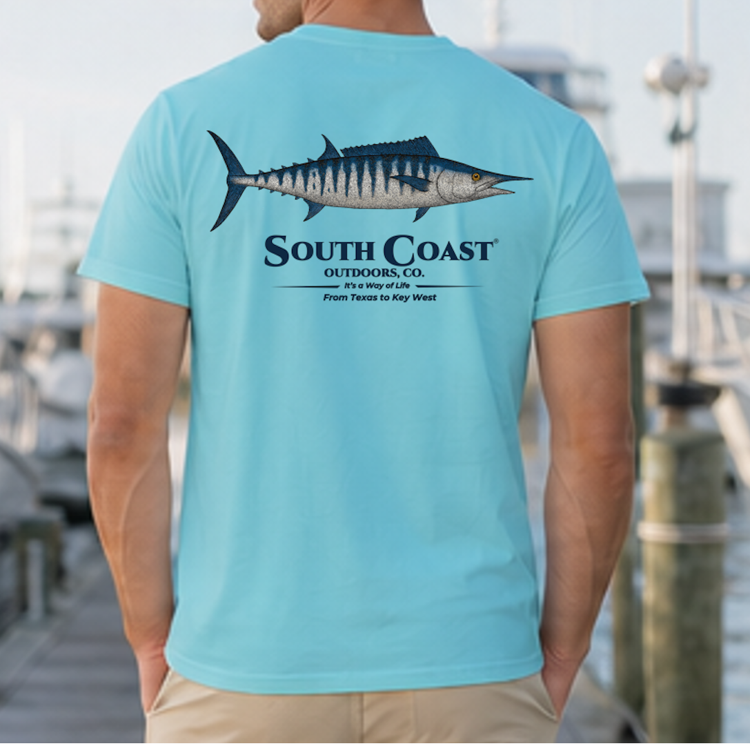 Light turquoise crew-neck t-shirt with wahoo fish graphic and South Coast Outdoors text on back.