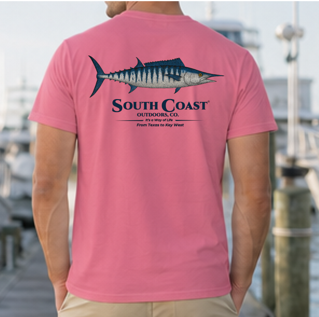 Pink crew-neck t-shirt with wahoo fish graphic and South Coast Outdoors text on back.