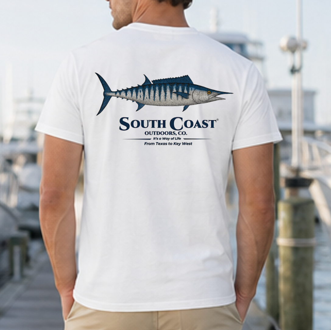 White crew-neck t-shirt with wahoo fish graphic and South Coast Outdoors text on back.