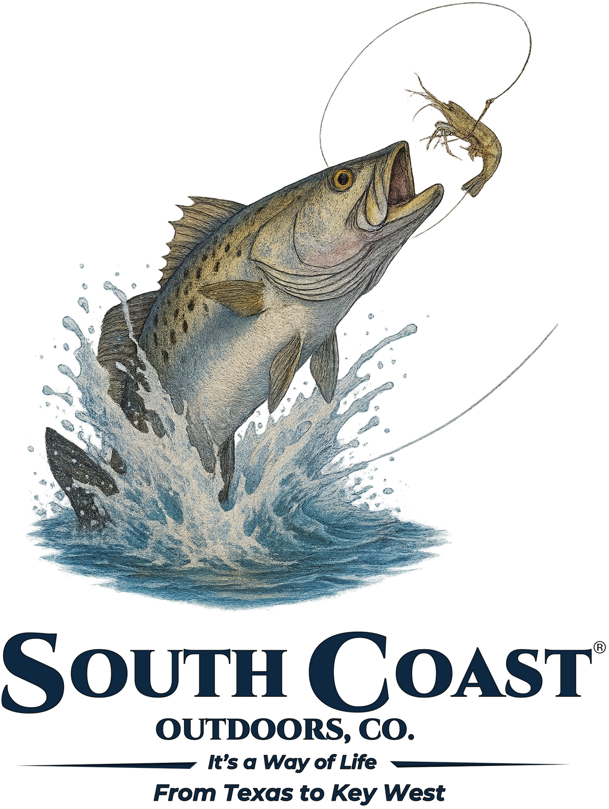 Tan t-shirt graphic: sea trout in water splash with South Coast Outdoors Co mark.