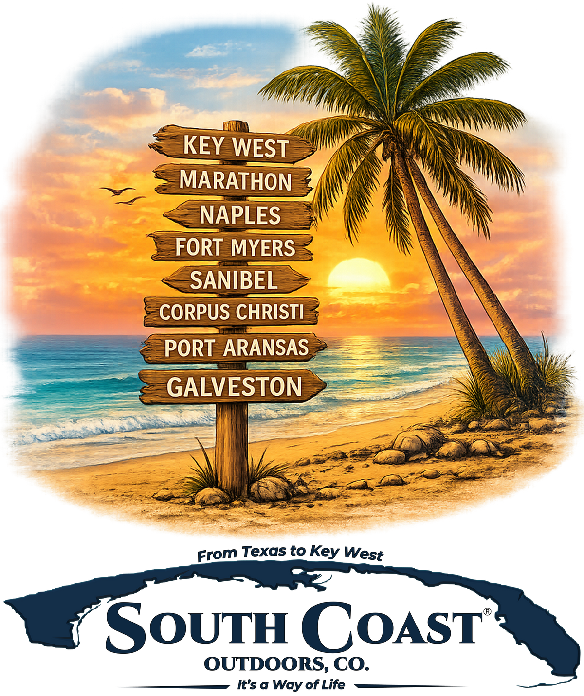South Coast T-shirt graphic: circular beach sunset palm tree design