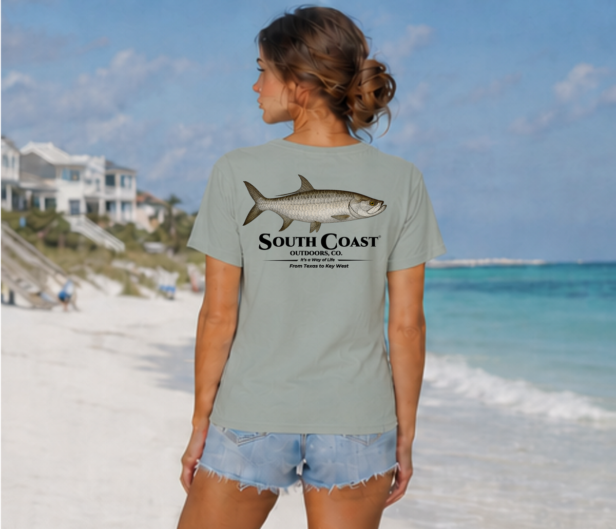 Mint green T-shirt with back tarpon fish graphic and black centered print