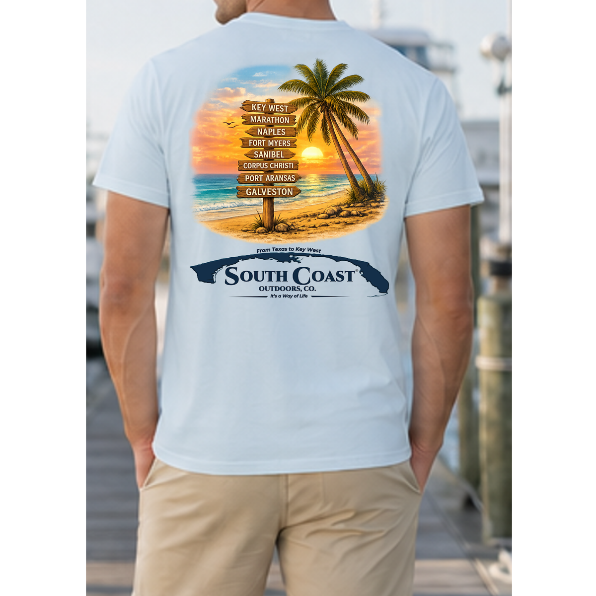 Light blue T-shirt with back beach sunset palm and South Coast logo graphic