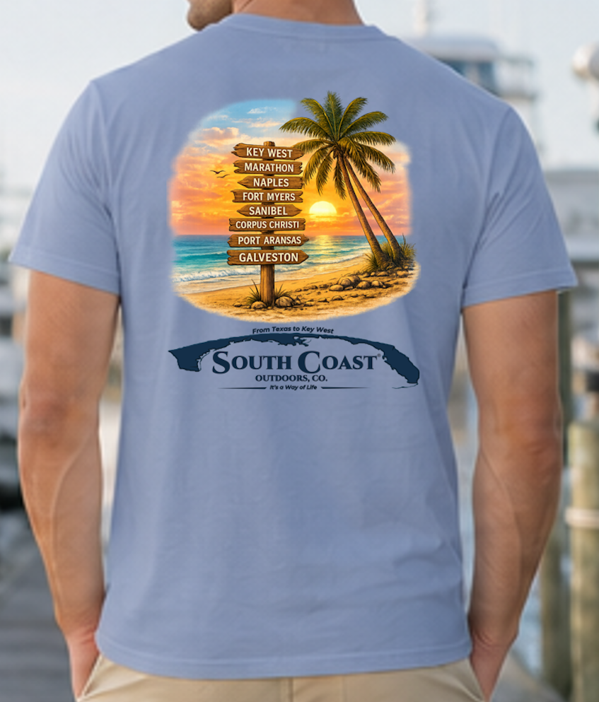 Light blue coastal graphic T-shirt with palm beach artwork and route sign on back