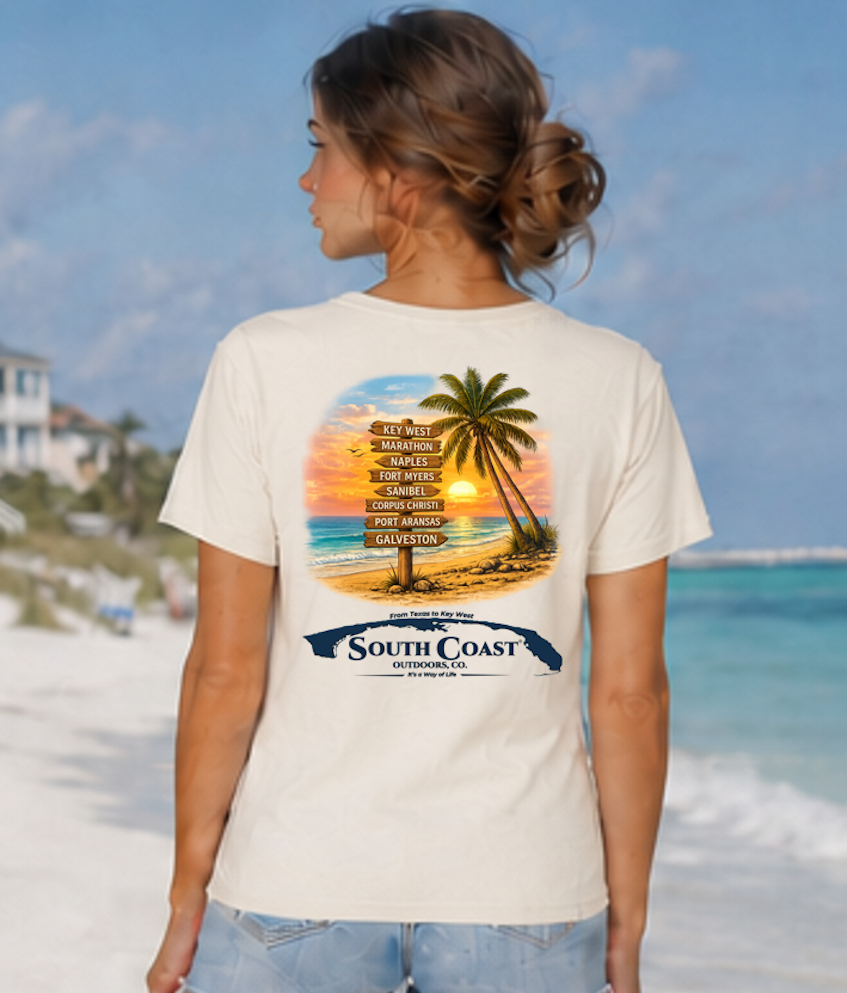 White coastal graphic T-shirt with palm beach artwork and route sign on back