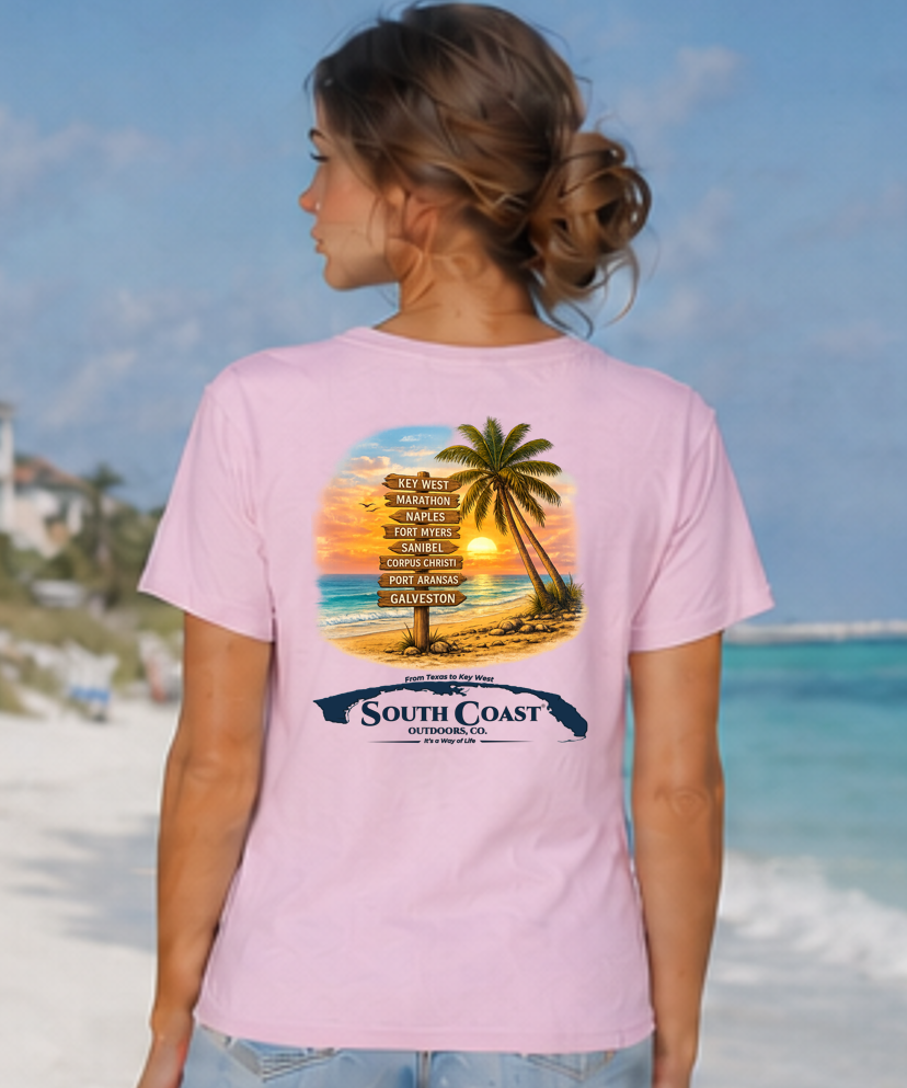 Lavender coastal graphic T-shirt with palm beach artwork and route sign on back