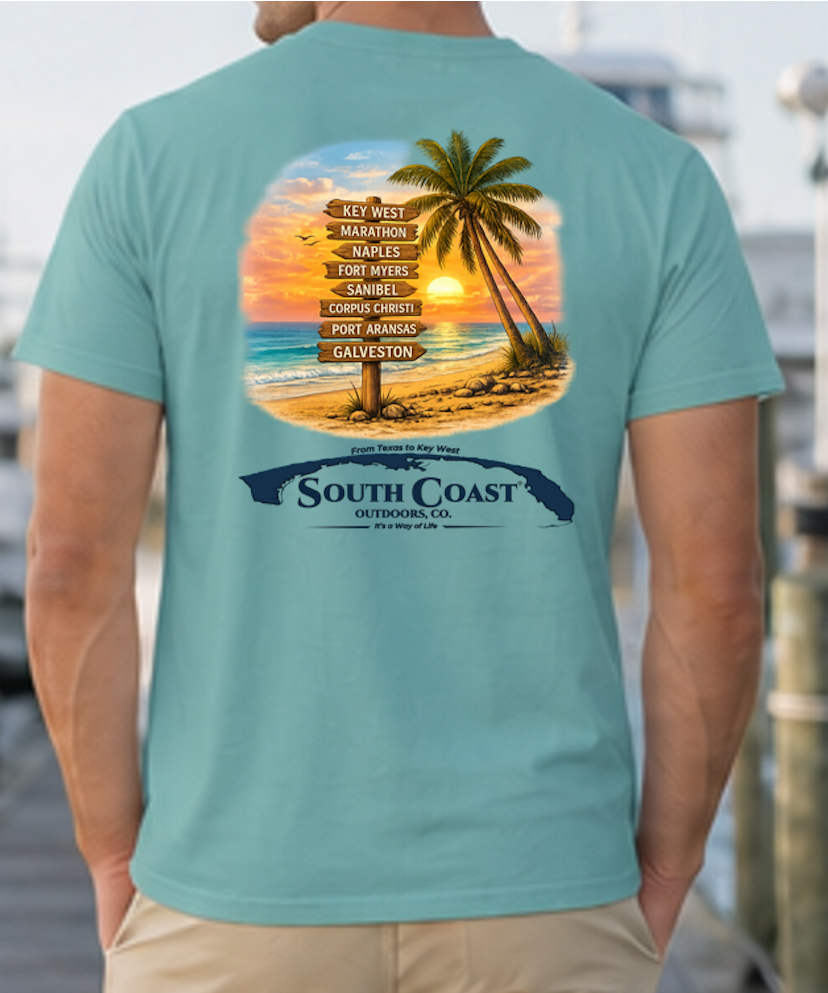 Seafoam coastal graphic T-shirt with palm beach artwork and route sign on back