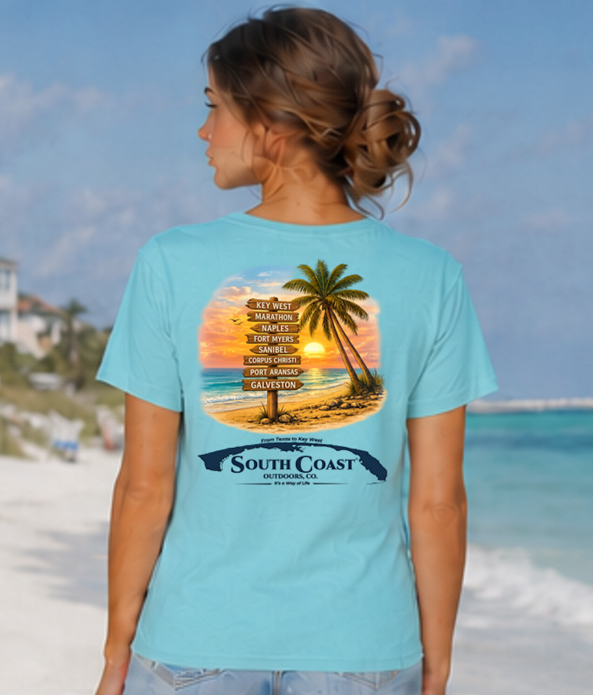 Turquoise coastal graphic T-shirt with palm beach artwork and route sign on back