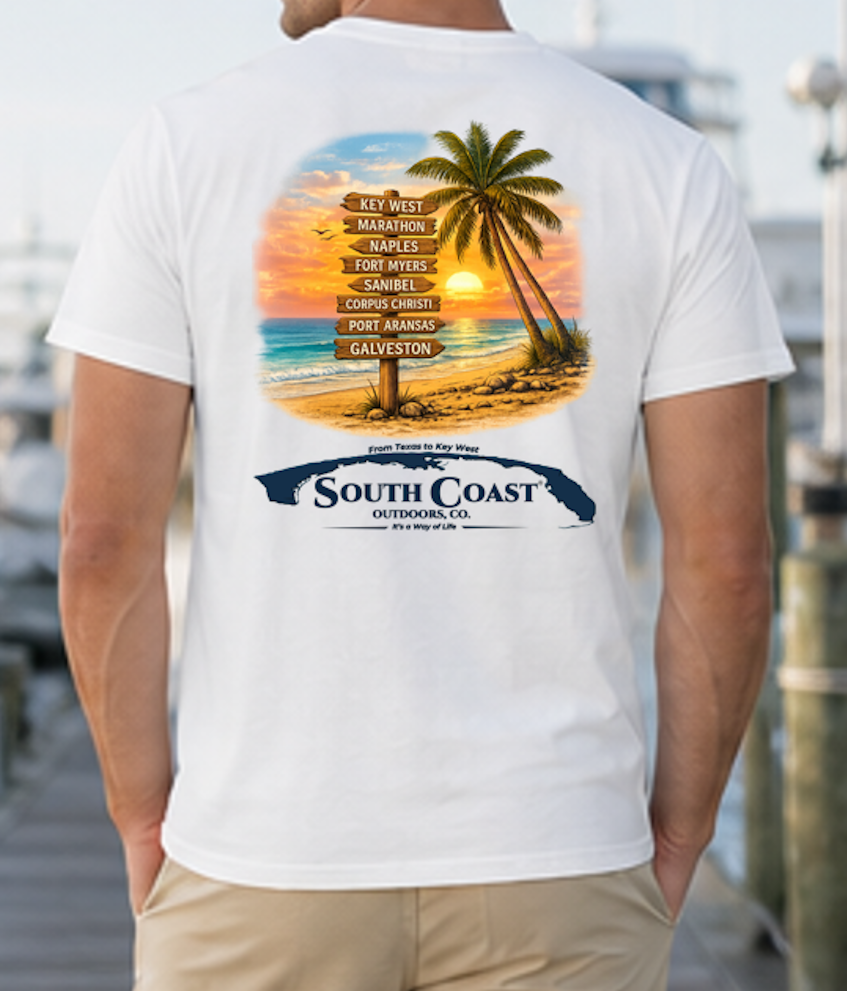 White coastal graphic T-shirt with palm beach artwork and route sign on back
