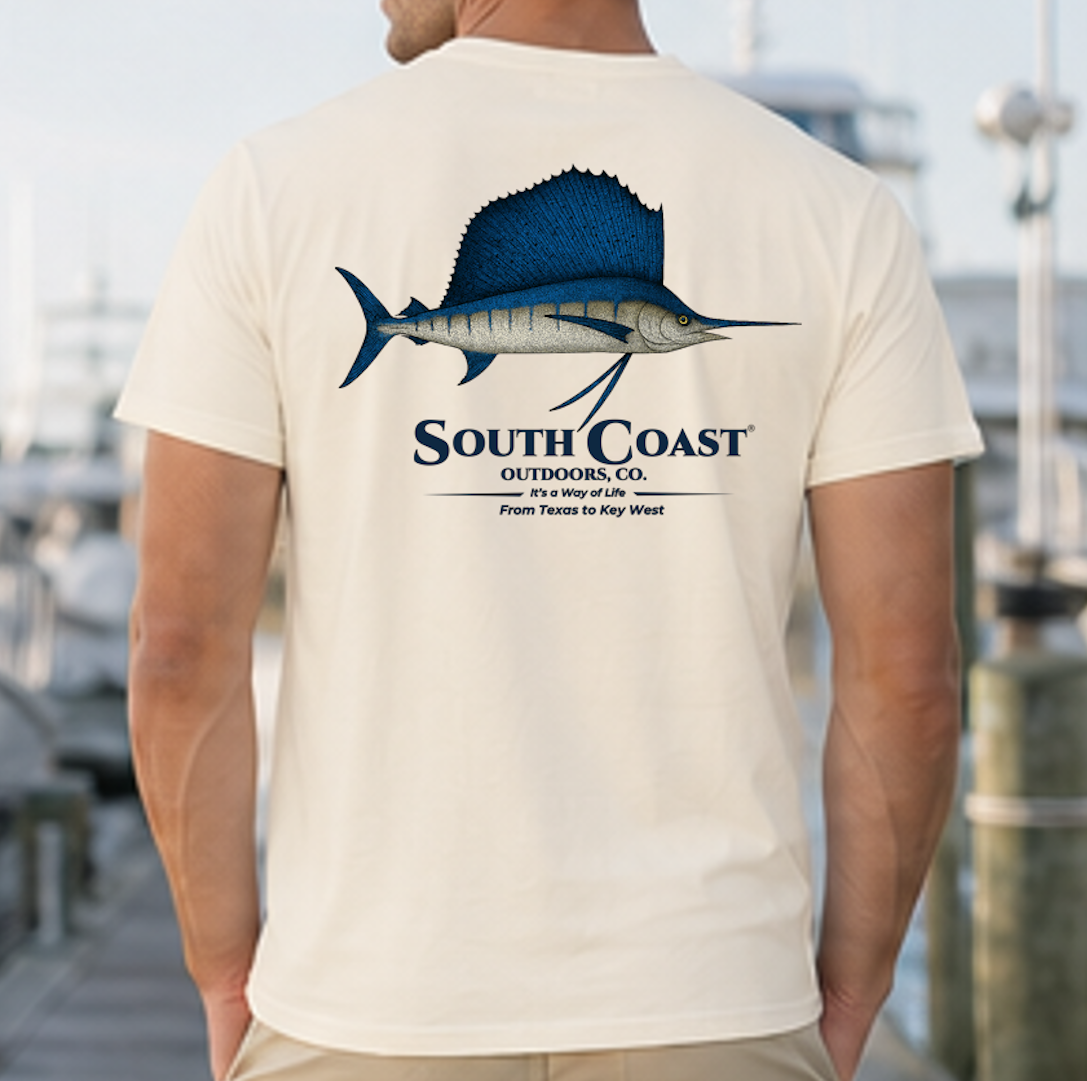 Ivory fishing T-shirt with back sailfish graphic and 'South Coast' logo