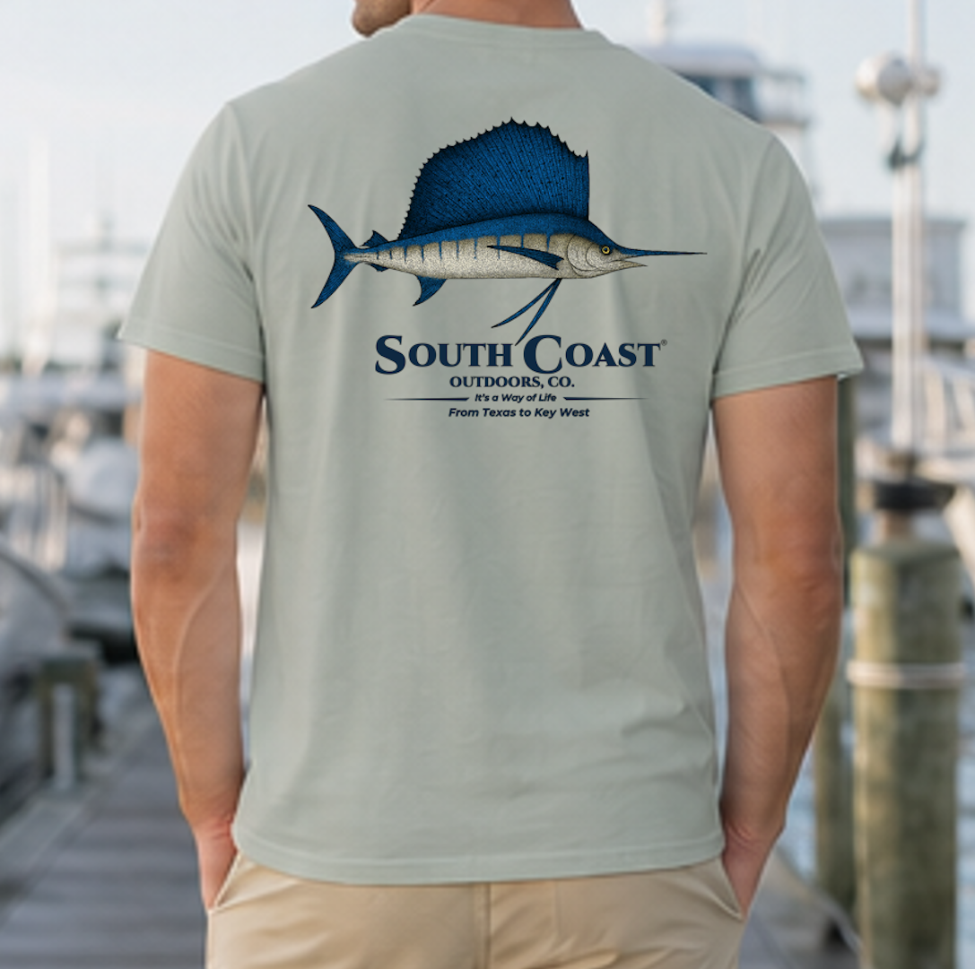 Light green fishing T-shirt with back sailfish graphic and 'South Coast' logo