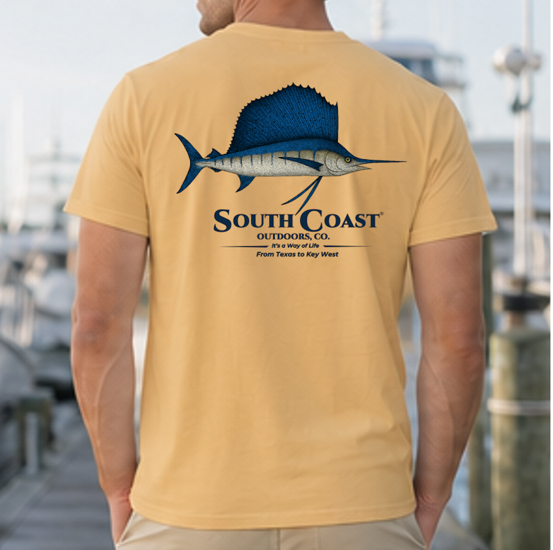 Mustard fishing T-shirt with back sailfish graphic and 'South Coast' logo