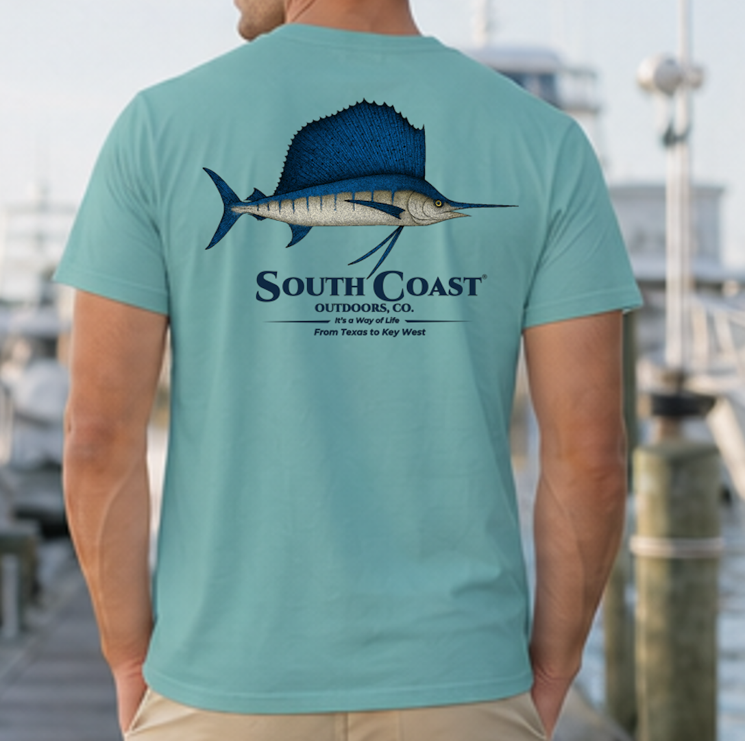 Teal fishing T-shirt with back sailfish graphic and 'South Coast' logo