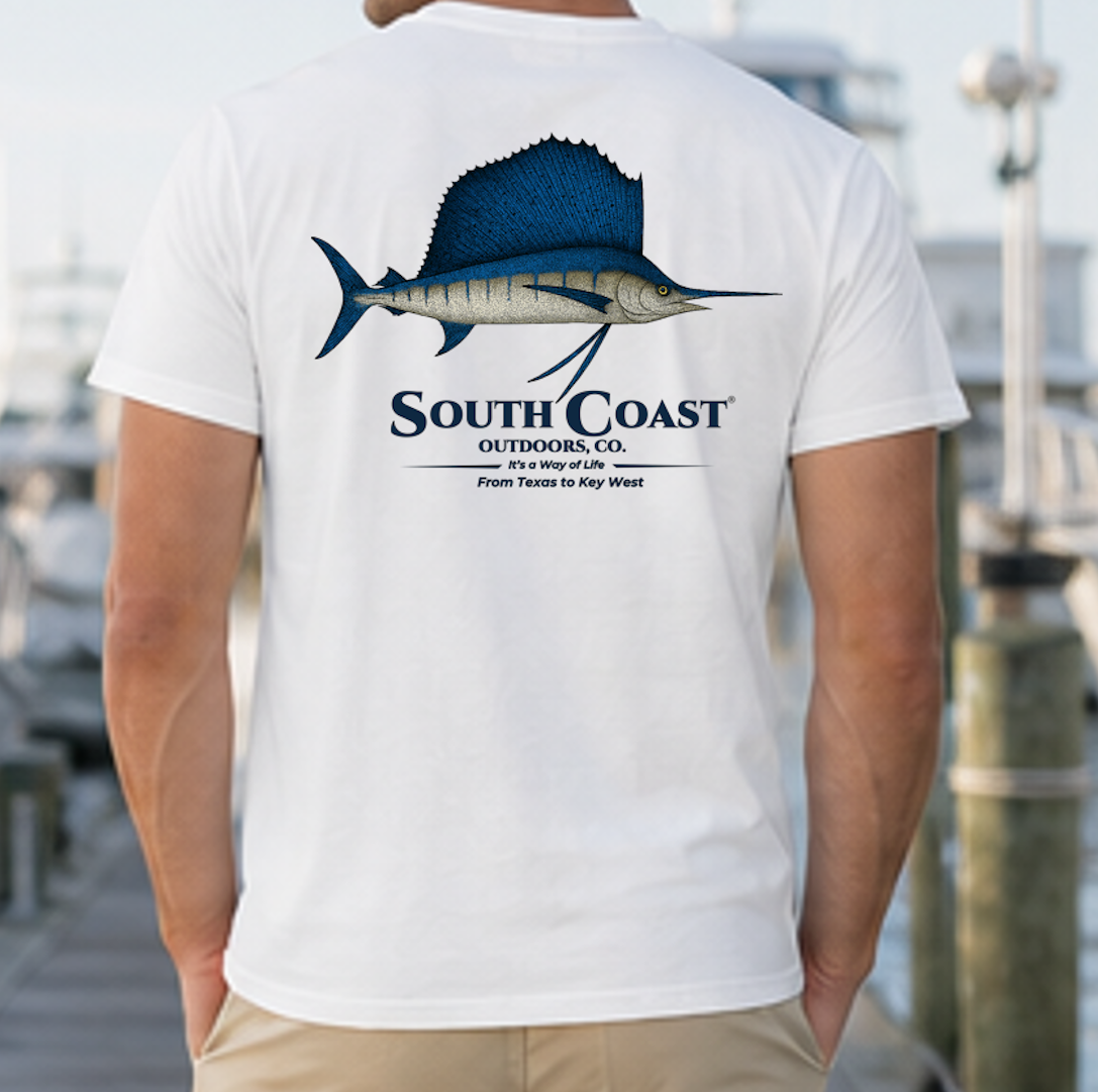 White fishing T-shirt with back sailfish graphic and 'South Coast' logo
