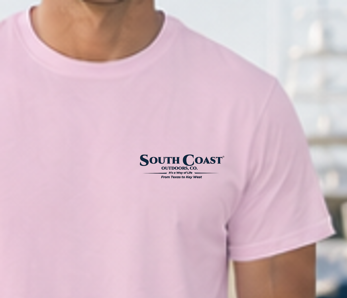 Pink T-shirt chest logo: SOUTH COAST OUTDOORS, CO., From Texas to Key West