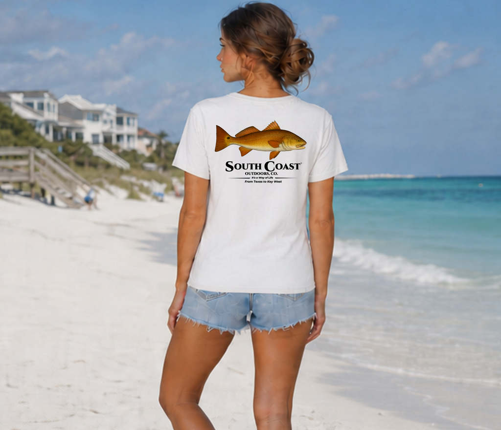 White T-shirt with fish graphic on back and small chest logo