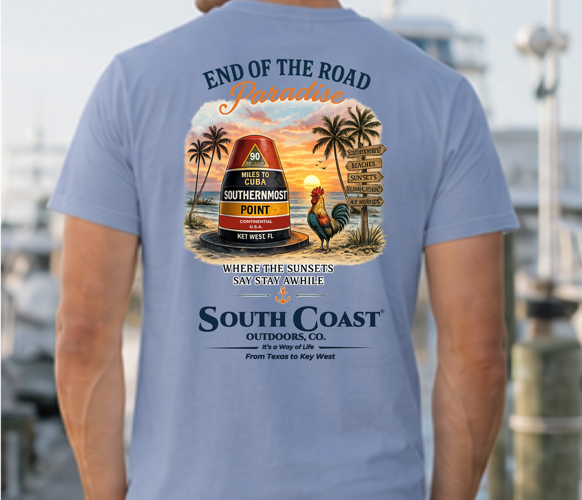 Light blue T-shirt back view with large scenic route poster graphic