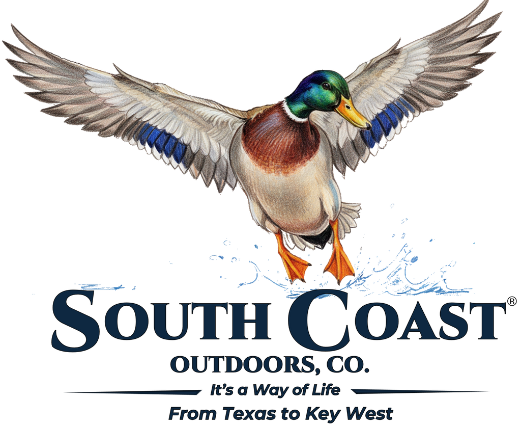 White T-shirt graphic with mallard duck landing and wings, 'South Coast Outdoors' logo