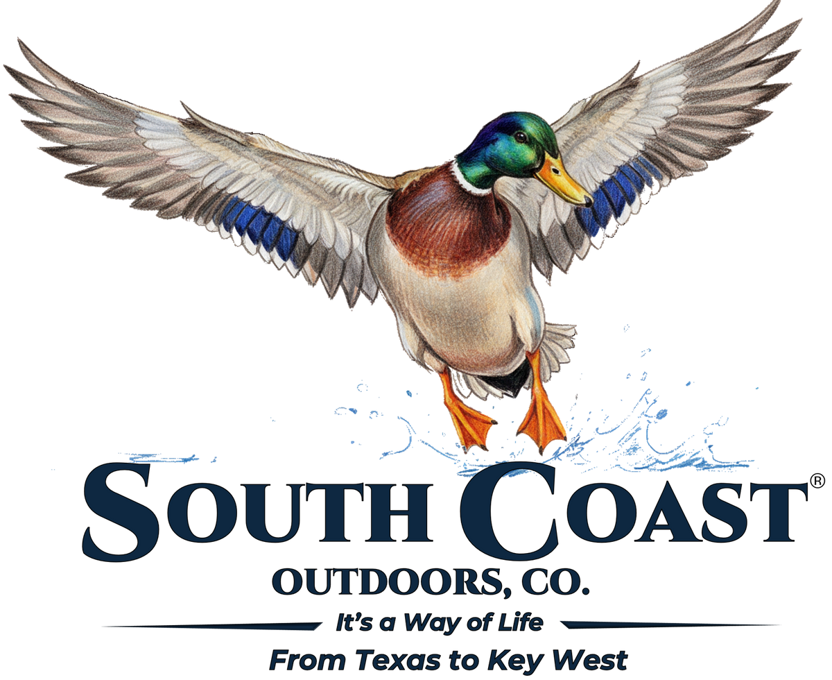 White T-shirt graphic with mallard duck landing and wings, 'South Coast Outdoors' logo