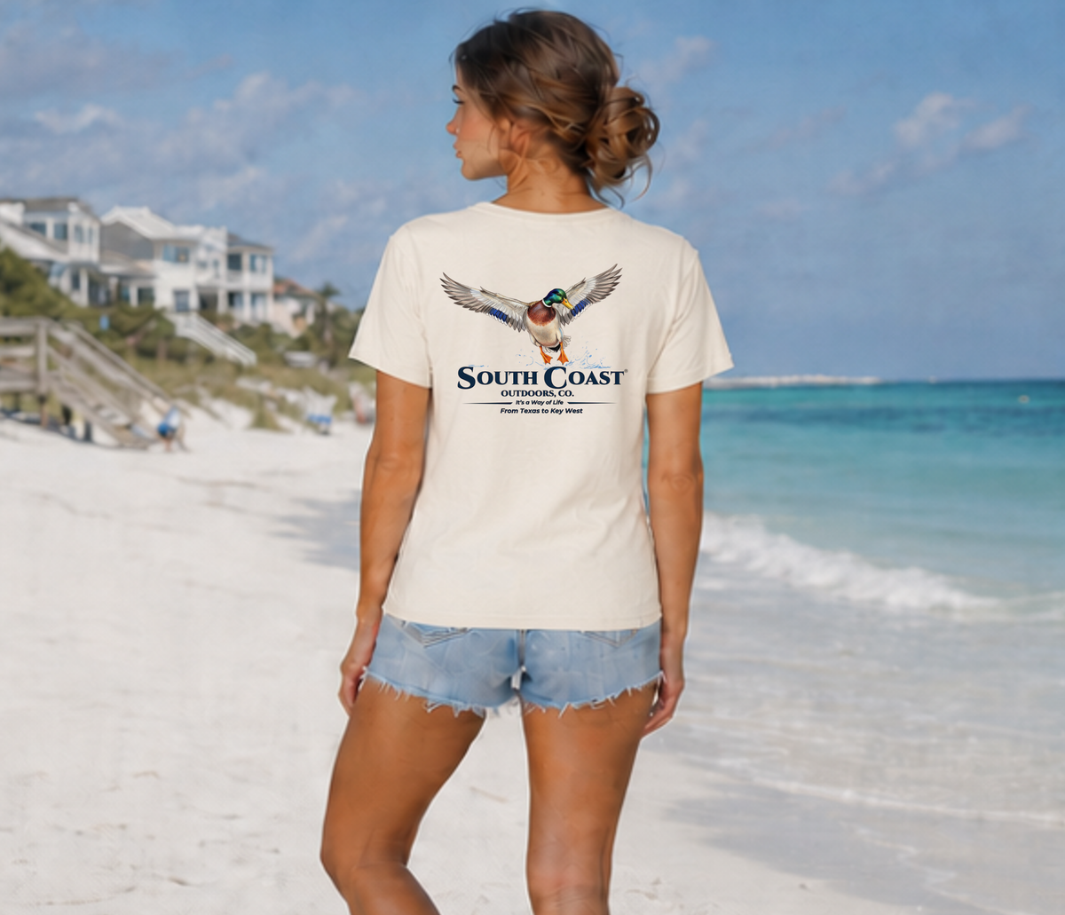 White T-shirt with centered mallard duck landing print on back, crew neck