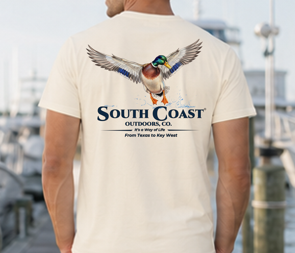 Ivory T-shirt with large mallard duck landing graphic on upper back