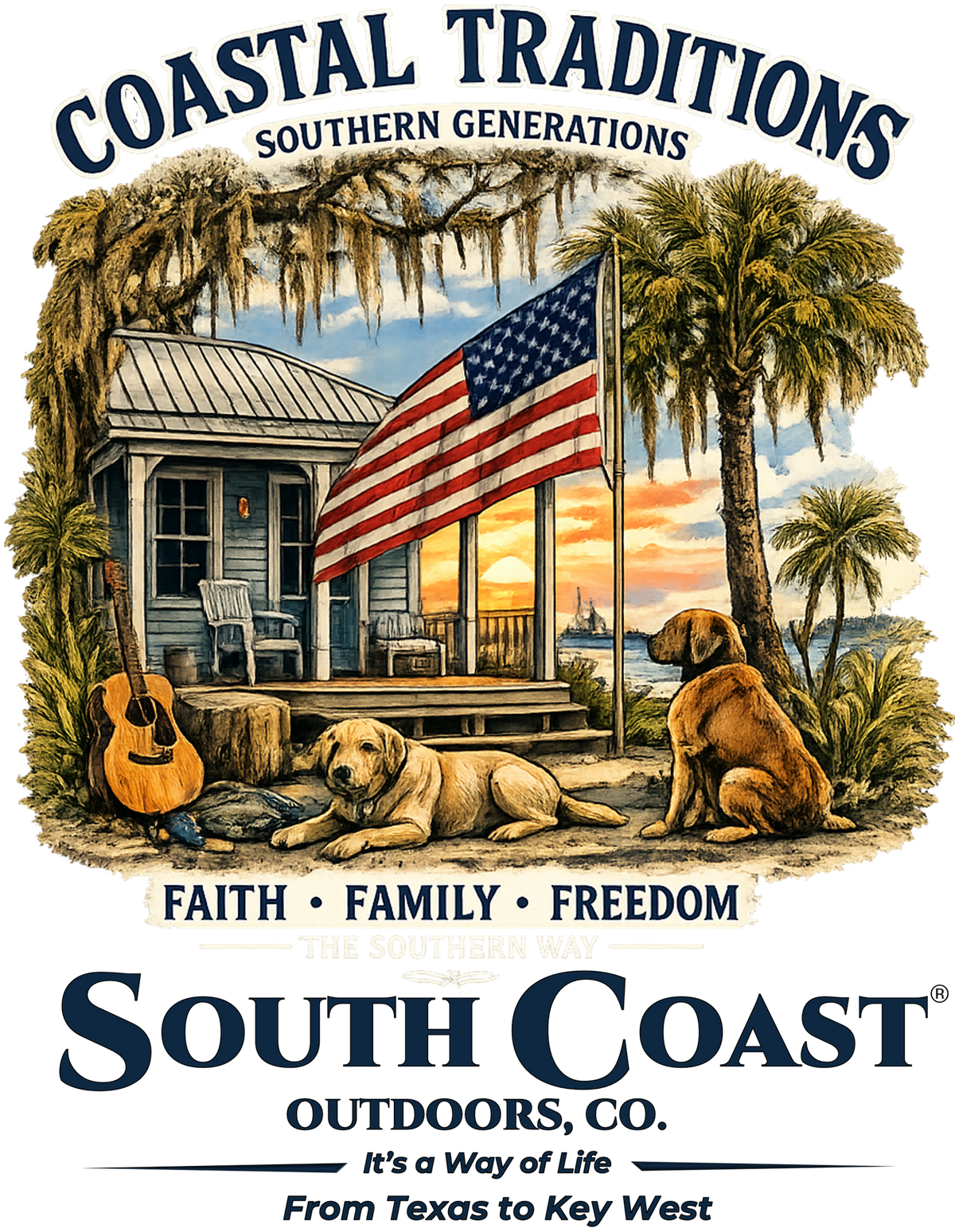 Pink graphic T-shirt with house, American flag, palm trees, and 'South Coast' text