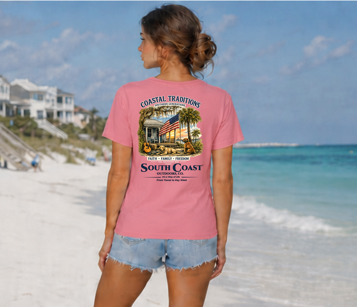 Pink T-shirt back view with South Coast graphic and 'Faith, Family, Freedom' text