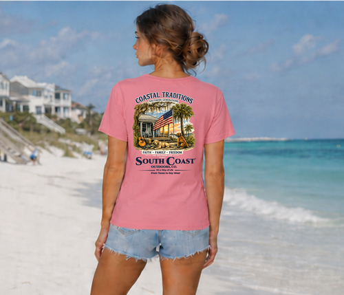 Pink T-shirt back view with South Coast graphic and 'Faith, Family, Freedom' text