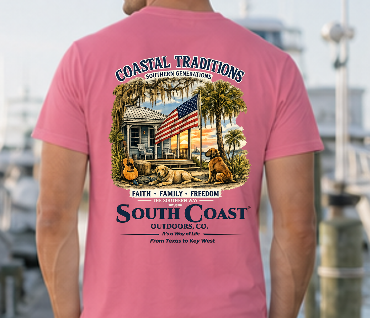 Pink T-shirt back close-up with coastal house and American flag graphic