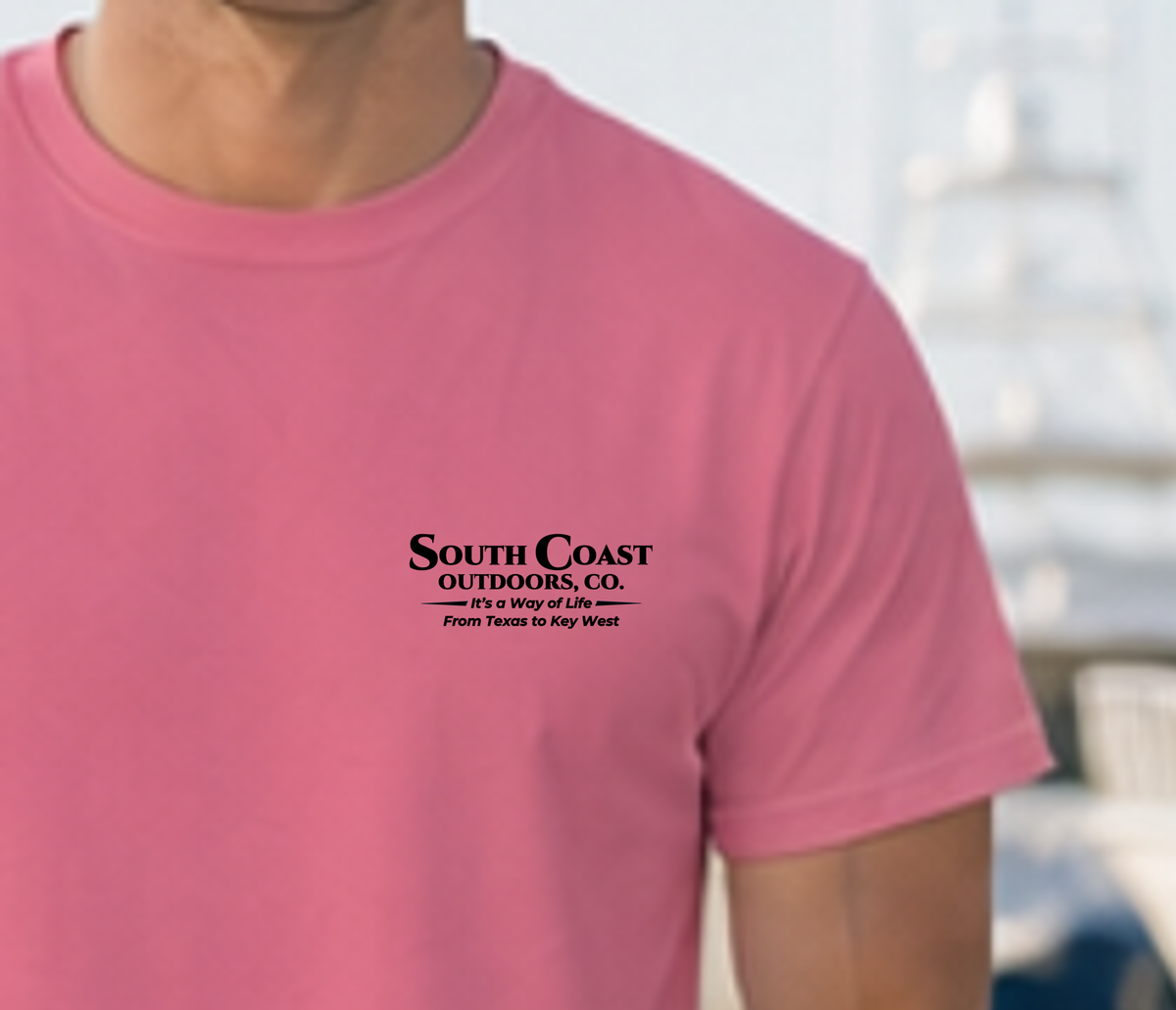 Pink T-shirt front with 'South Coast Outdoors, Co.' text